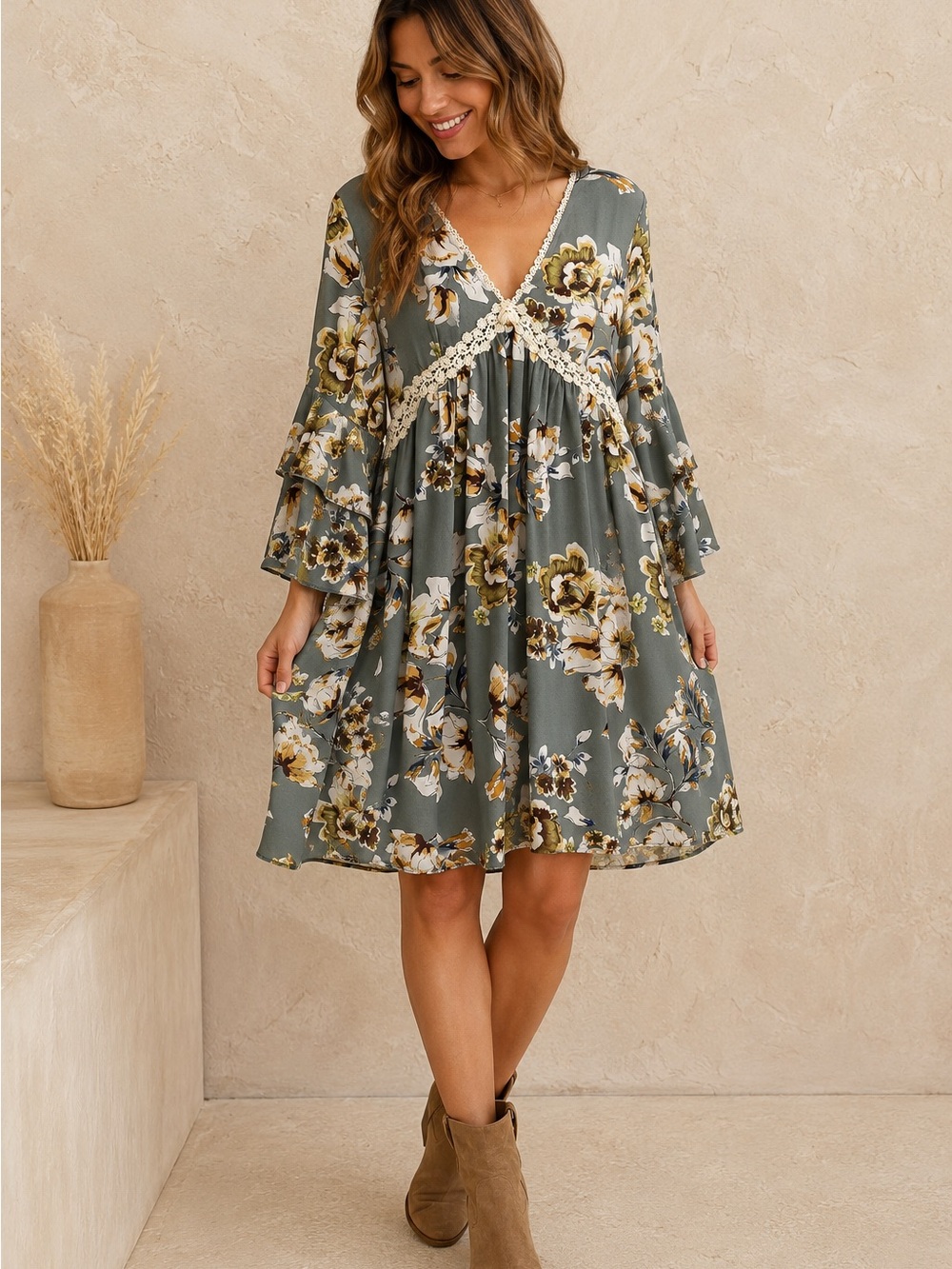 Cottagecore Floral‎ Babydoll Dress Medium Boho Prairie Bell Sleeve